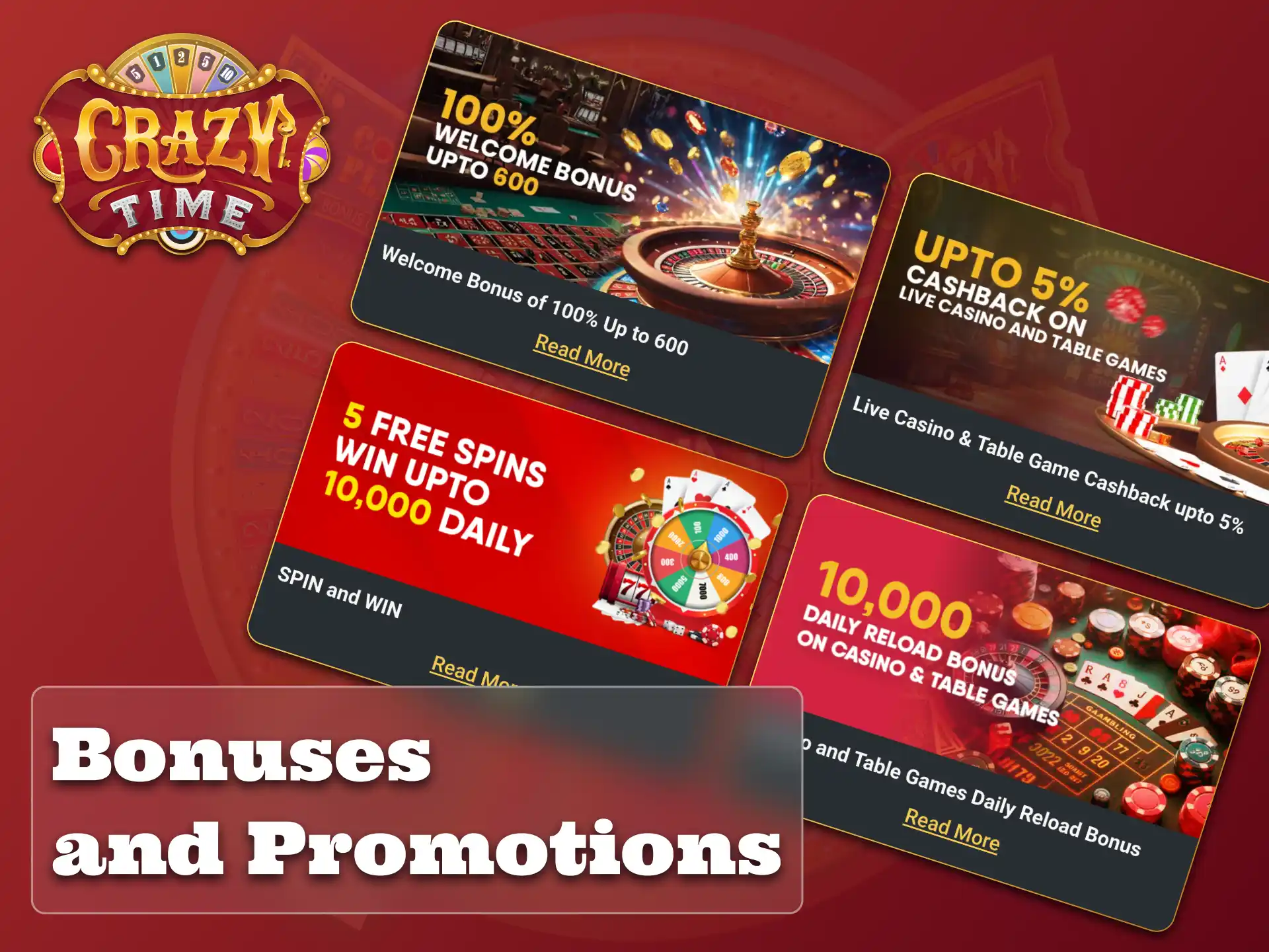 Take advantage of a wide selection of Crazy Time casino bonuses.